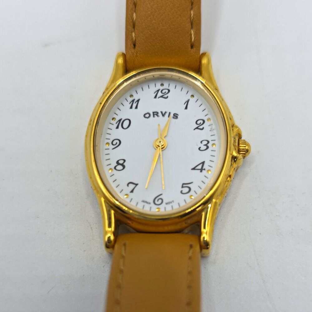 Orvis Quartz White Dial Oval 24mm Gold Tone Watch, OR4G8C, Leather Strap, 100ft